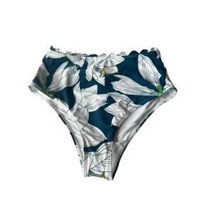 Cupshe‎ High-Waisted Scalloped Floral Bikini Bottom L Teal White Lily Print NWT